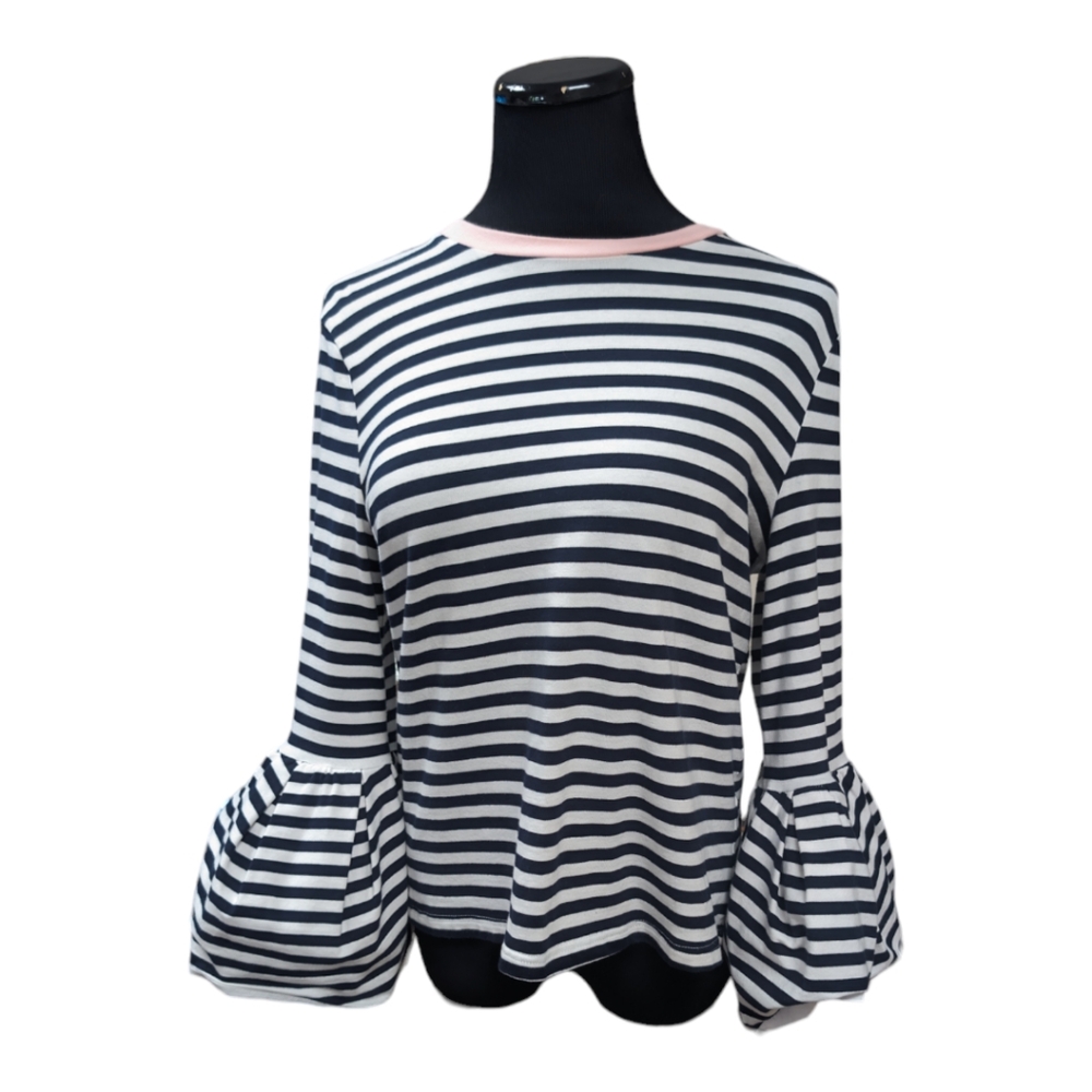 English Factory Black White Stripes Light Pink Collar Trumpet Sleeve Tee Size M